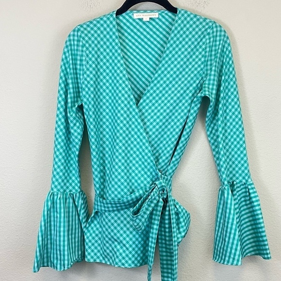 Ann Mashburn Gingham Long Bell Sleeves Wrap Blouse Size XS - Picture 1 of 9